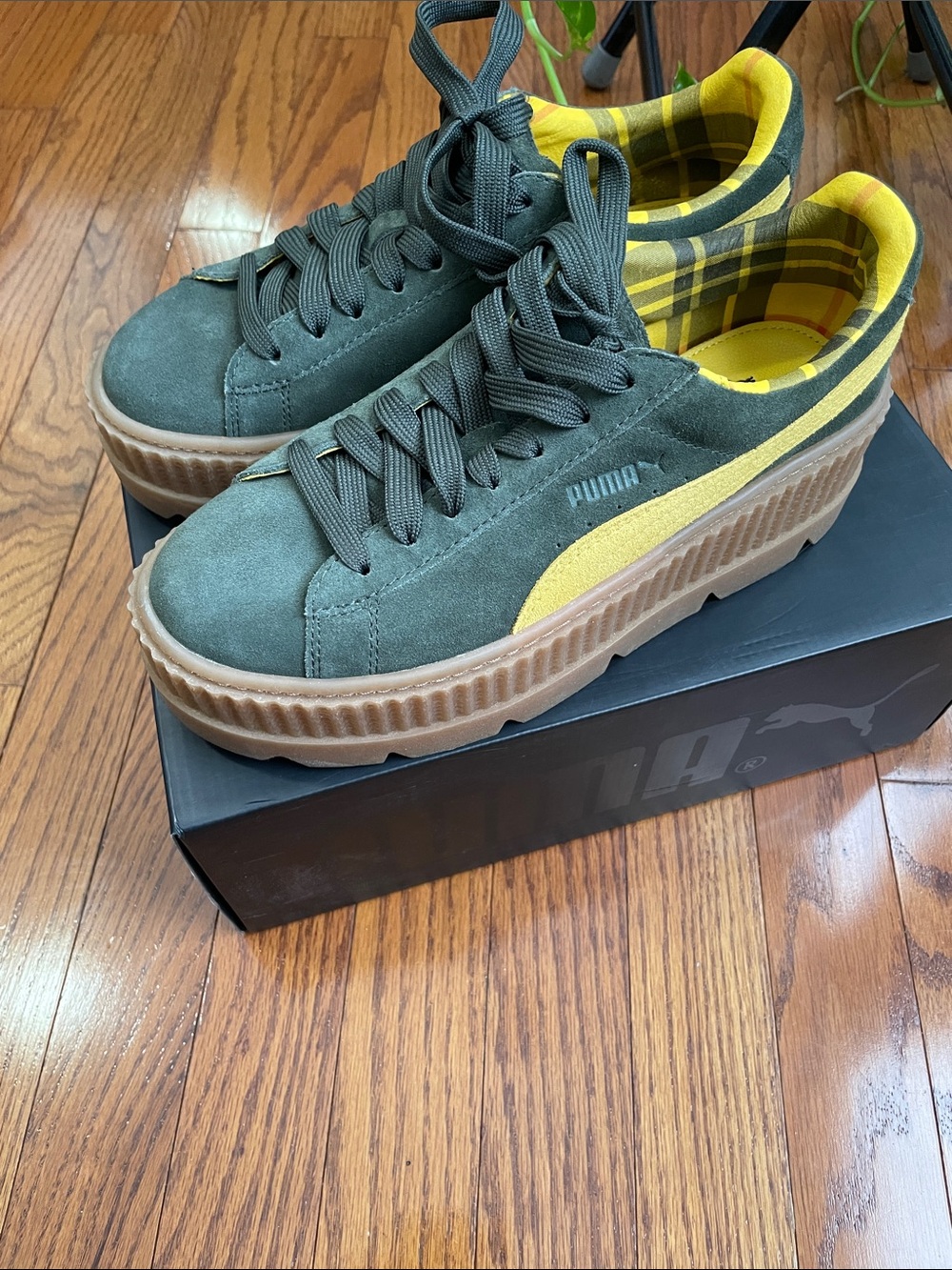 Puma Fenty Creeper Platform Suede Sneakers in Olive Green & Yellow